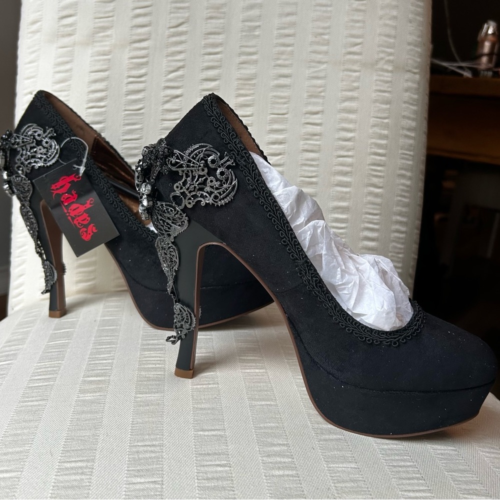 Hades Black Heels with lace trim, metallic & rhinestone Embellishments. - Picture 3 of 11
